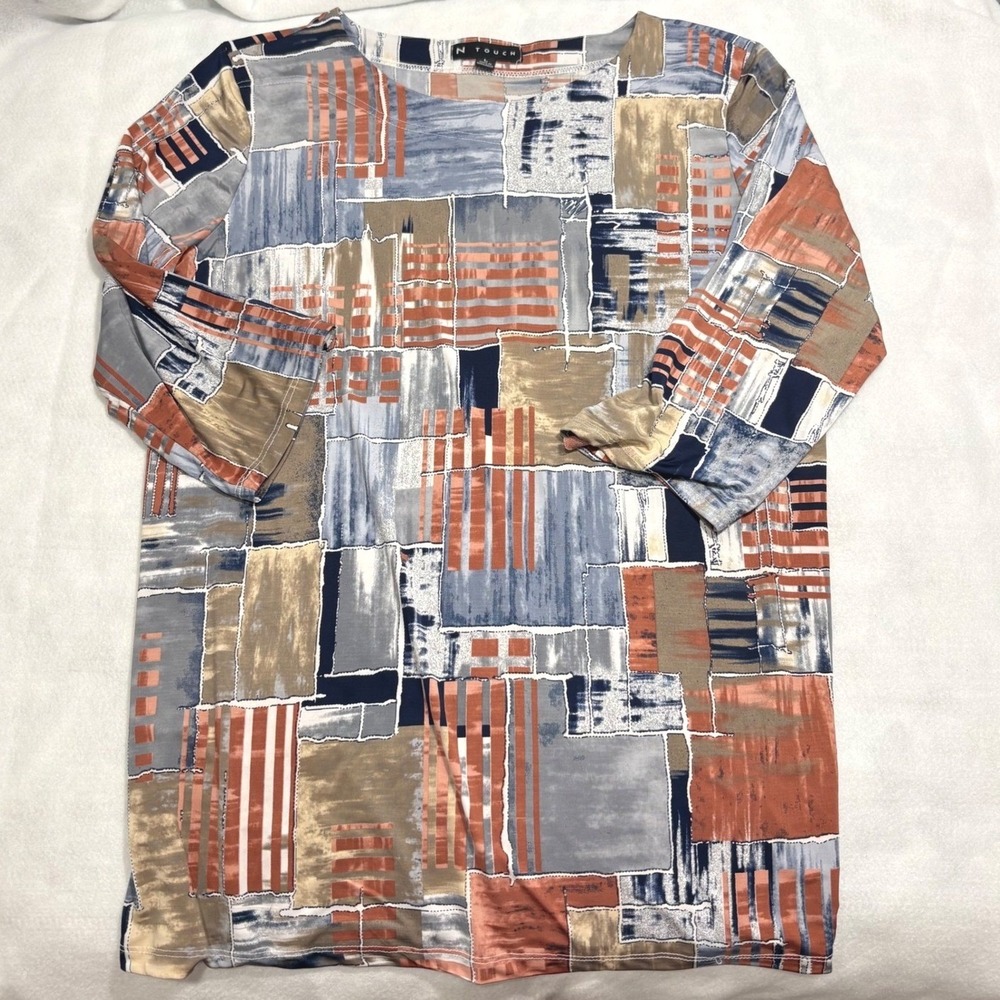 N Touch Womens Large Geometric Patchwork 3/4 Sleeve Top Blue Rust Tan 437U
